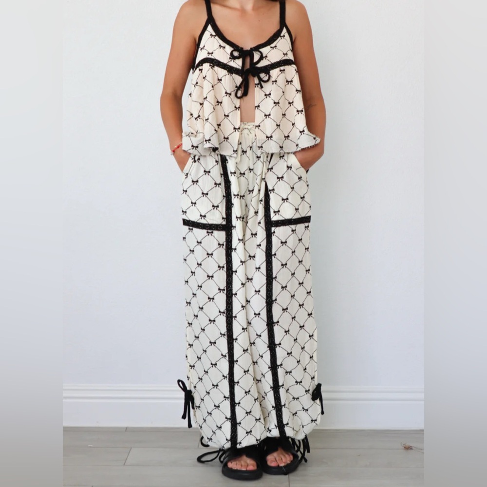 Cream and Black Printed Two-Piece Lounge Set